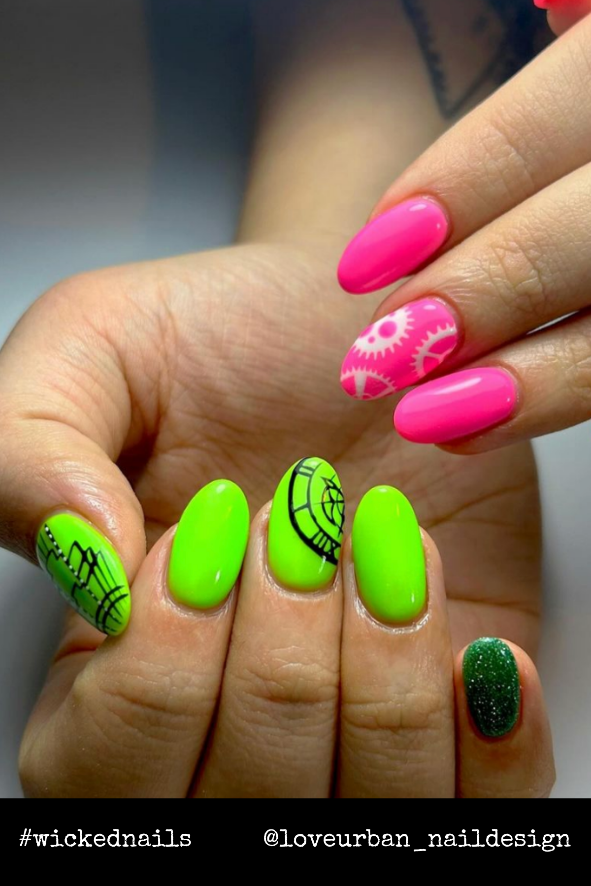 Neon green and vibrant pink collide in a playful, gear-inspired design—ideal for those who love to mix fun with drama.