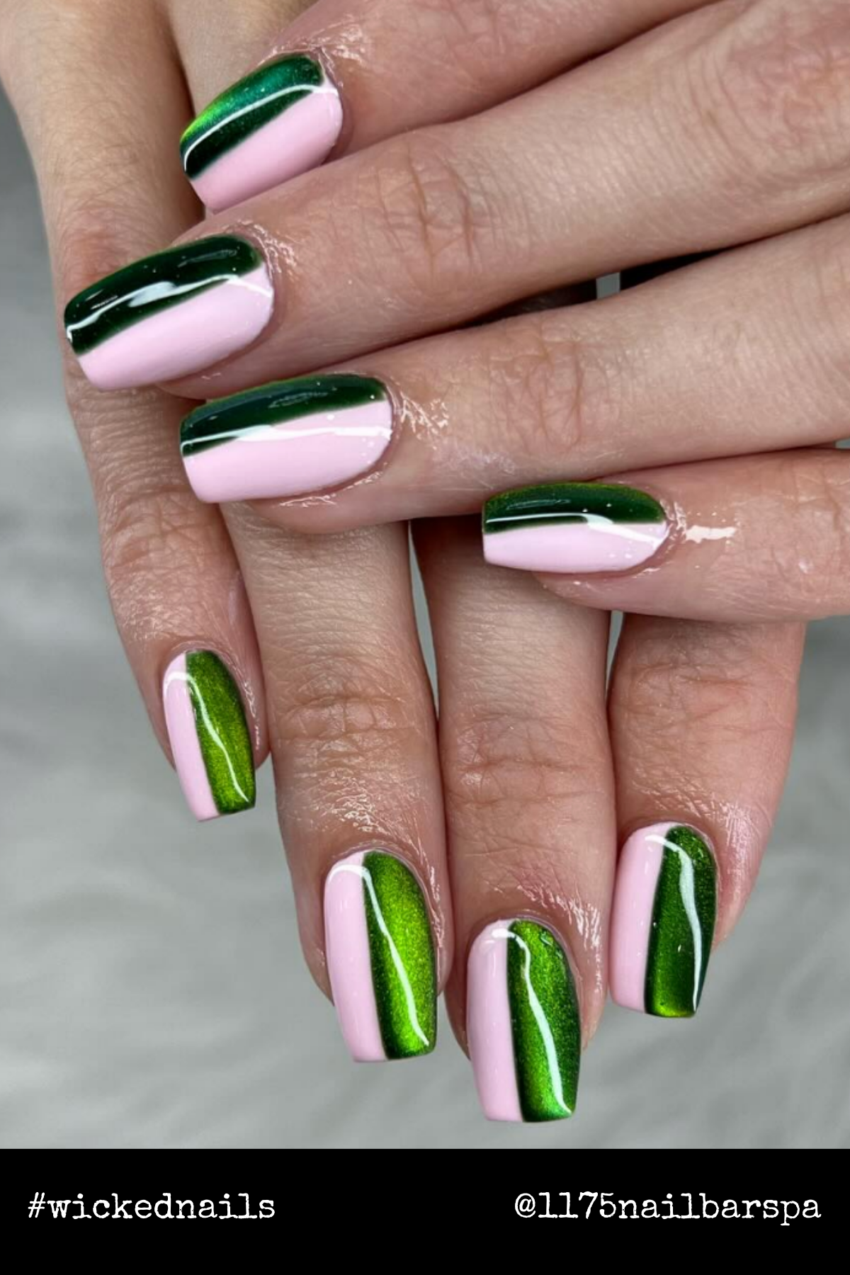 Sleek pink and green color-blocked nails with shimmering accents feel like a perfect balance of sweet Glinda and bold Elphaba.