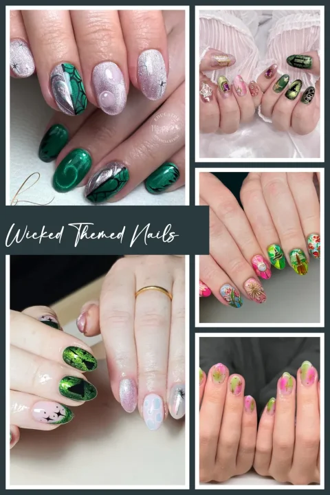 Get ready for Wicked: For Good with these magical Wicked themed nails inspired by Glinda and Elphaba! Go full emerald, all pink, or one witch on each hand! #WickedThemedNails #WickedForGood #ElphabaNails #GlindaNails