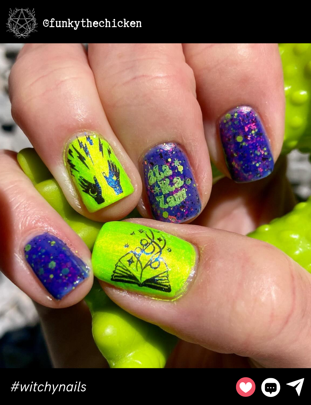 Hocus Pocus Neon Witch NailsThese short, square-shaped nails are fun and vibrant with neon green, purple glitter, and symbols like spell books and hands casting magic. Perfect for someone wanting a playful and colorful take on witchy nails without too much length.