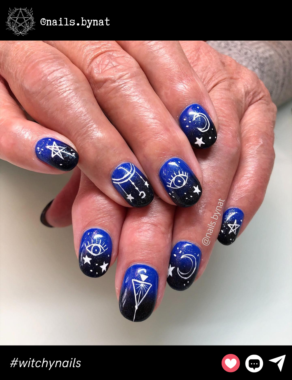 Blue and Black Celestial NailsThese short nails sport a deep blue to black gradient, with white celestial designs like stars, moons, and eyes. The length is perfect for those who love a mystical touch without going too bold. A subtle, cosmic vibe for everyday magic!