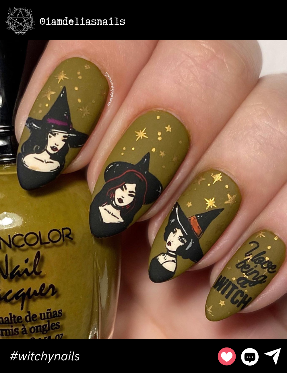 Olive Green Witch Portraits on Medium Almond NailsFor a quirky take on witchy nails, this medium-length almond design features olive-green tones with charming witch portraits. The matte finish and starry accents give off vintage, mystical vibes—perfect for a bewitching look!