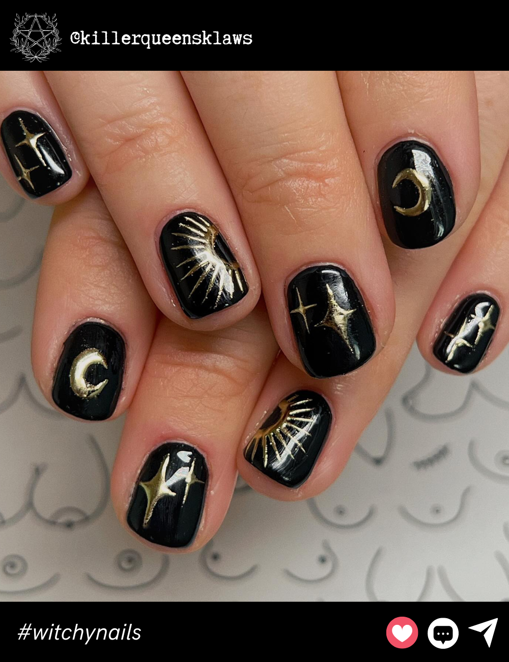 Short Black and Gold Moon PhasesThese short, black nails are sleek and minimalistic with delicate golden celestial symbols. The perfect design for anyone looking to channel the phases of the moon in a low-key but luxurious way.