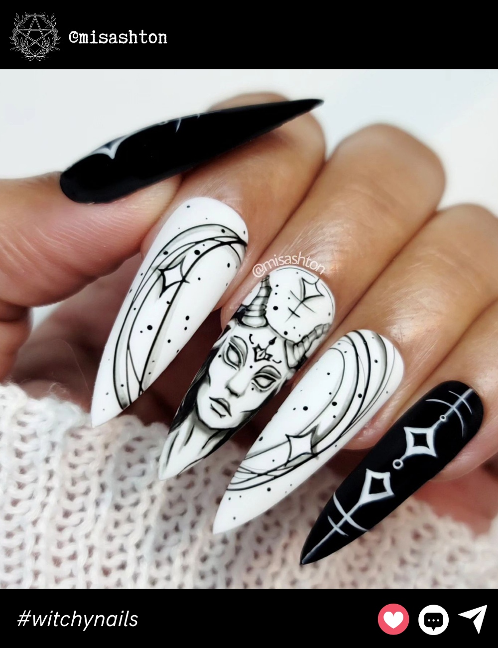 Black and White Gothic Witch Art on Long NailsBold and dramatic, these long stiletto nails feature hand-painted witchy characters in monochrome. The black and white contrast creates an artful statement, with celestial elements and gothic vibes. Perfect for those who want to go all-in on their witchy look!