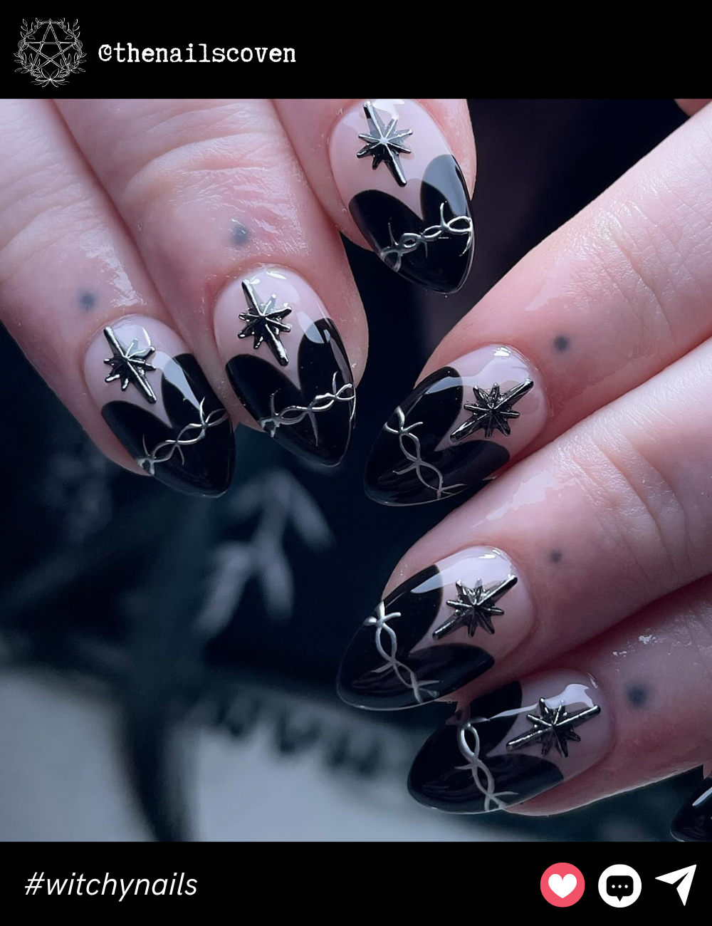 Dark Elegance with Black Metallic StarsThese medium stiletto nails scream witchy sophistication. The black tips on a nude base, adorned with silver metallic stars, make for an edgy, mystical vibe. The length adds a touch of drama to these starry beauties.