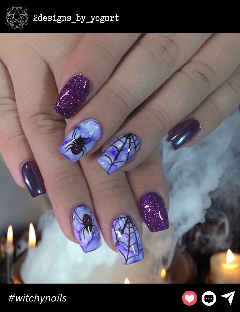 Spider Web Vibes on Short Square NailsThis medium-length square design plays with a mix of glittery purple and spooky webs. The intricate black spiders on a marble-like lavender background bring some serious Halloween glam. Perfect for a fun, witchy yet stylish look!