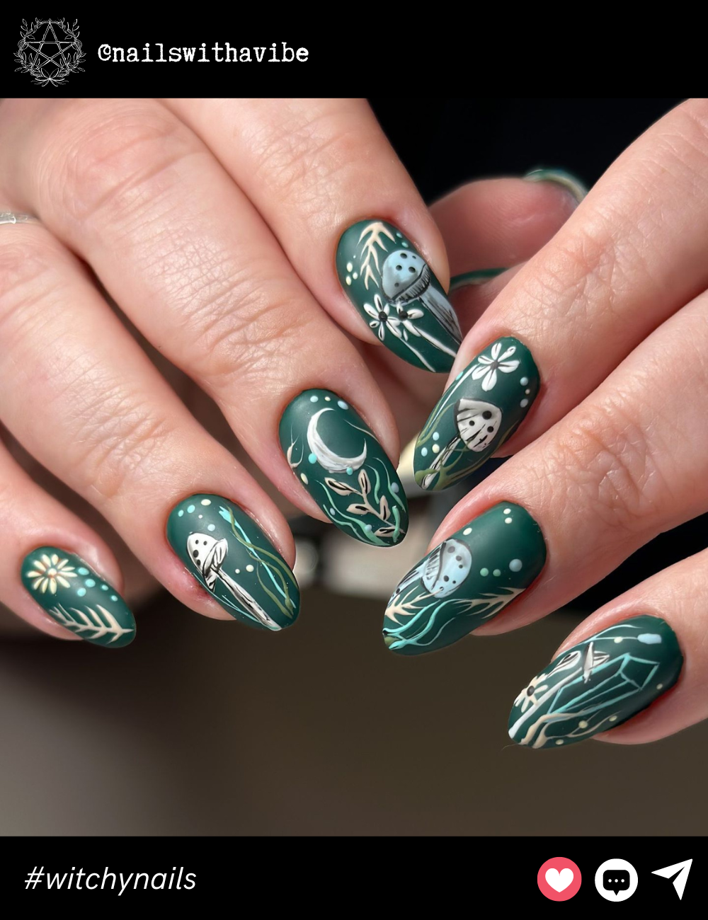 Forest Witch Matte Green NailsMatte green with white illustrations of mushrooms and moons, these medium-length nails evoke a magical forest vibe. The almond shape and earthy design make them perfect for an earthy witch aesthetic, natural yet magical.