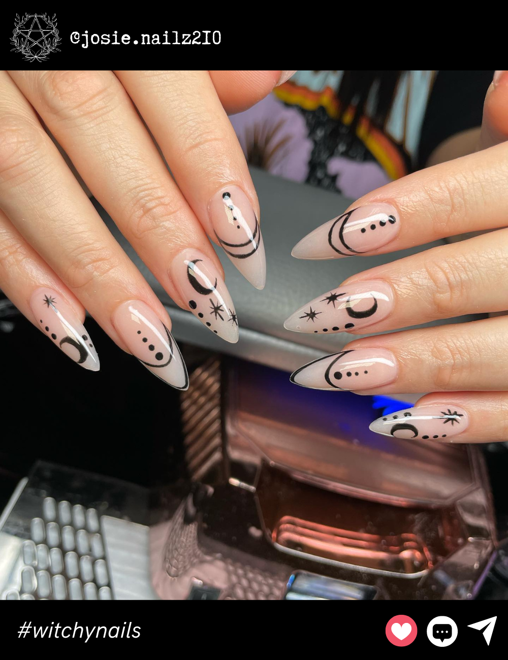 Moon and Stars Line Art on Nude NailsFeaturing delicate black line art of moons and stars on nude, stiletto-shaped nails, this design is sleek and minimal. The length adds an air of sophistication, while the black details keep it witchy and mysterious.