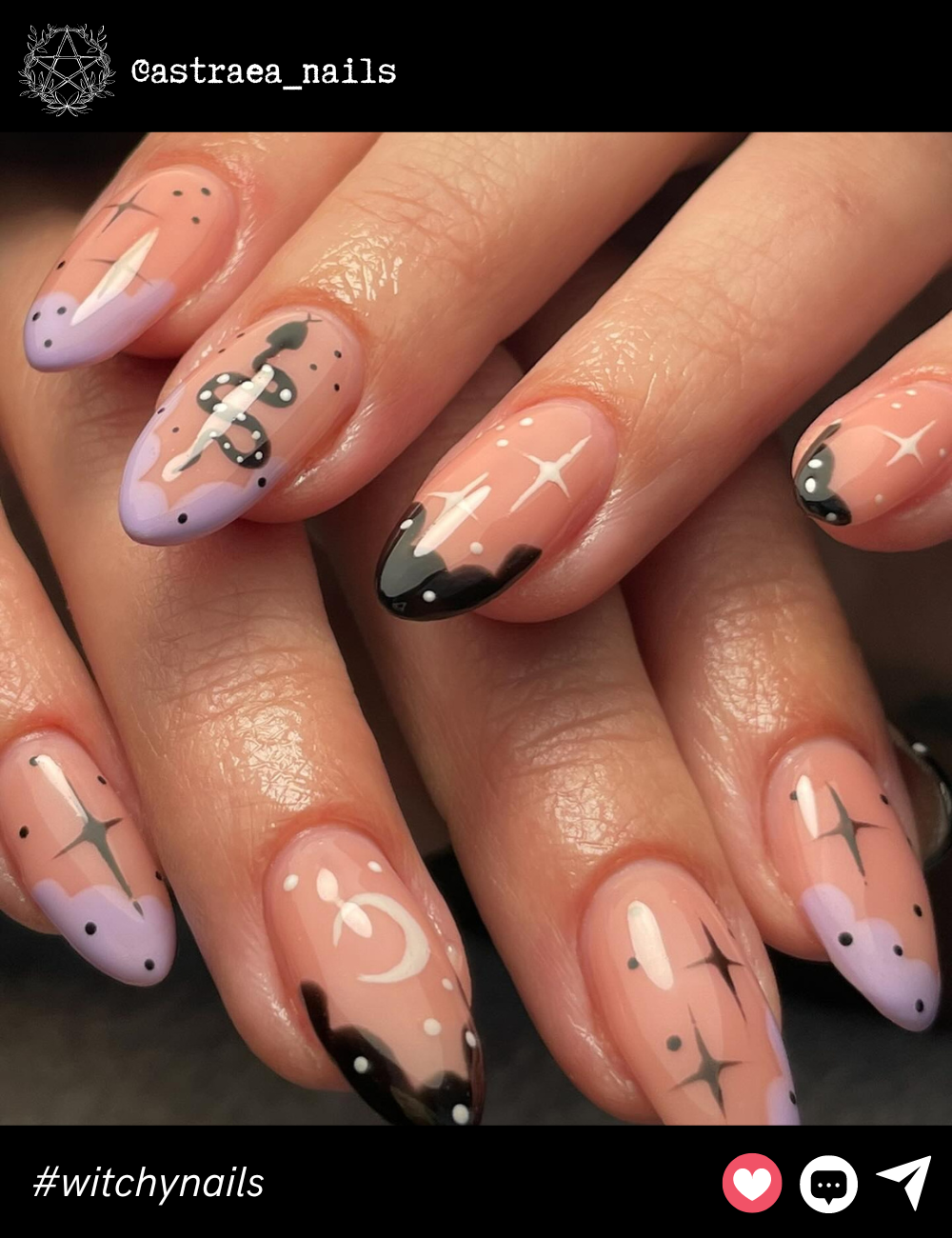 Pastel Goth Witch NailsThese medium-length nails mix pastel lilacs with black accents and spooky, celestial symbols. The length and almond shape strike a balance between soft and edgy, giving a dreamy yet powerful vibe for witchy aesthetics.