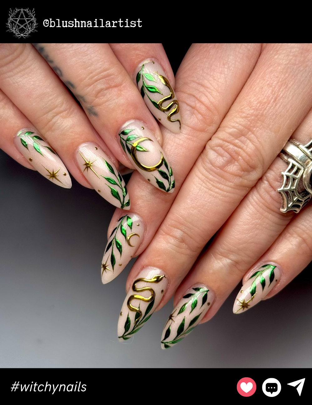 Golden Snake and Leaf Witch NailsWith gold detailing and green vines winding over a nude base, these almond-shaped nails have a soft yet enchanting look. The golden snake adds a bit of witchy charm. They're long but not too extreme, perfect for subtle sorcery.