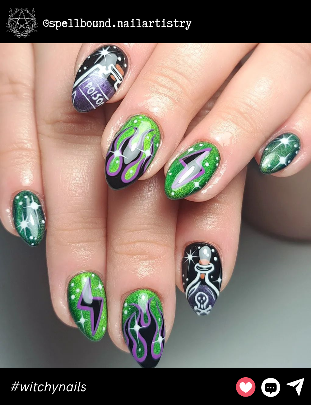 Poison Green Potion NailsThese medium-length nails are bold and dark with vibrant green flames and bottles of "poison." Perfect for casting spells on anyone who crosses your path! The combination of black, purple, and green makes this an enchanting design.