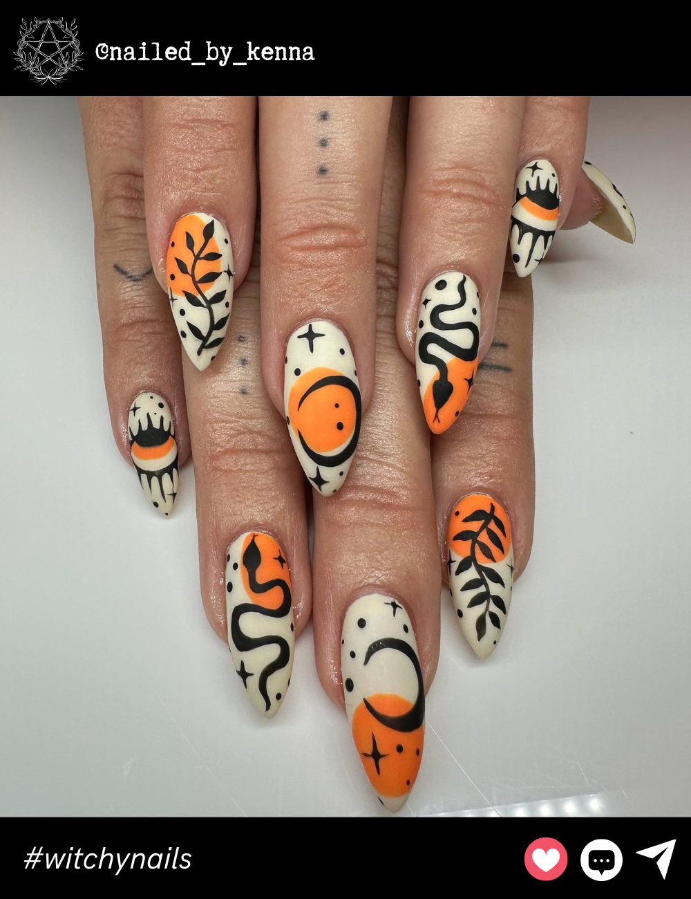 Orange and Black Halloween NailsFor lovers of all things Halloween, these medium almond-shaped nails pop with bright orange and black designs. Featuring moons, branches, and spooky crowns, the look screams witchy elegance. The length gives just enough drama without being too long.