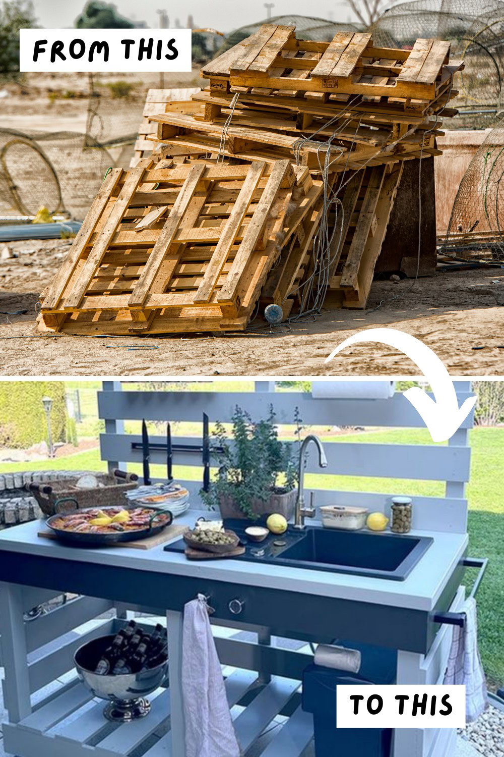 Design an outdoor kitchen using wooden pallets! 🍽️✨ This DIY project is budget-friendly, fun, and ideal for outdoor entertaining. 🎉🔨