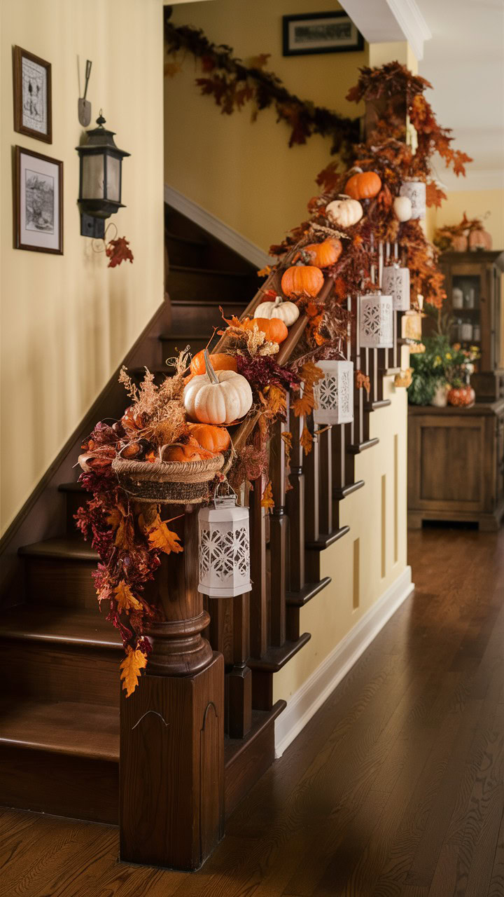 This staircase is dressed in autumn splendor, with a beautifully adorned garland cascading down the railing. The garland is richly decorated with a mix of pumpkins, pinecones, and fall foliage, creating a lush and textured look that captures the essence of the season. Interspersed among the greenery are charming white lanterns, adding a soft glow and a touch of rustic elegance to the decor. The warm wood tones of the staircase perfectly complement the autumnal colors, making this space feel cozy and inviting. It’s a stunning way to bring the beauty of fall indoors, making every trip up and down the stairs a seasonal delight.