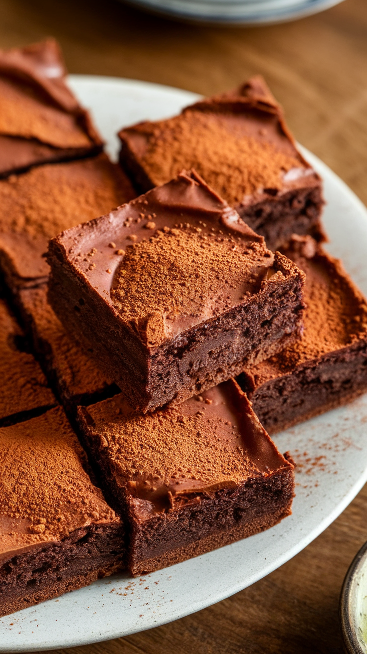 A plate of Abuelita hot chocolate brownies dusted with cocoa powder.