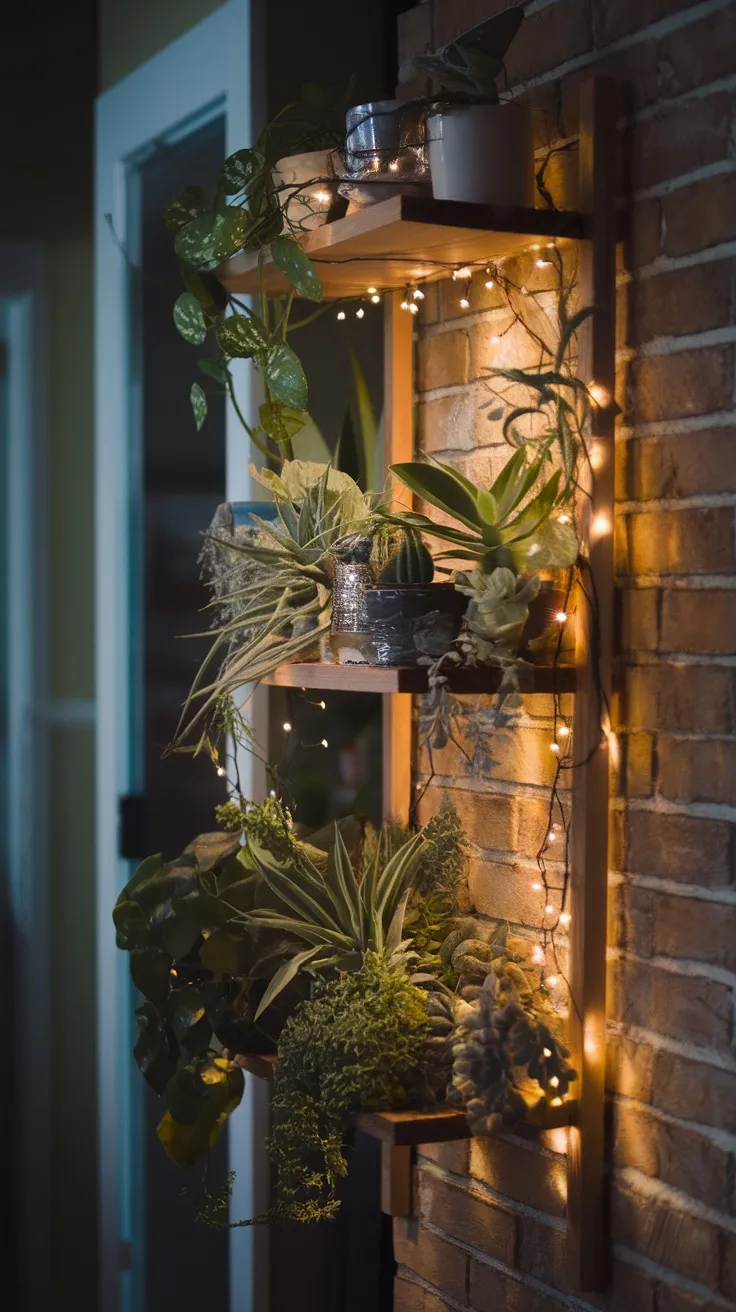 A little lighting can really amp up your plant shelves! String lights or small lamps add a cozy glow and highlight your beautiful plants. This can make your living room feel warm and inviting, perfect for any time of day.