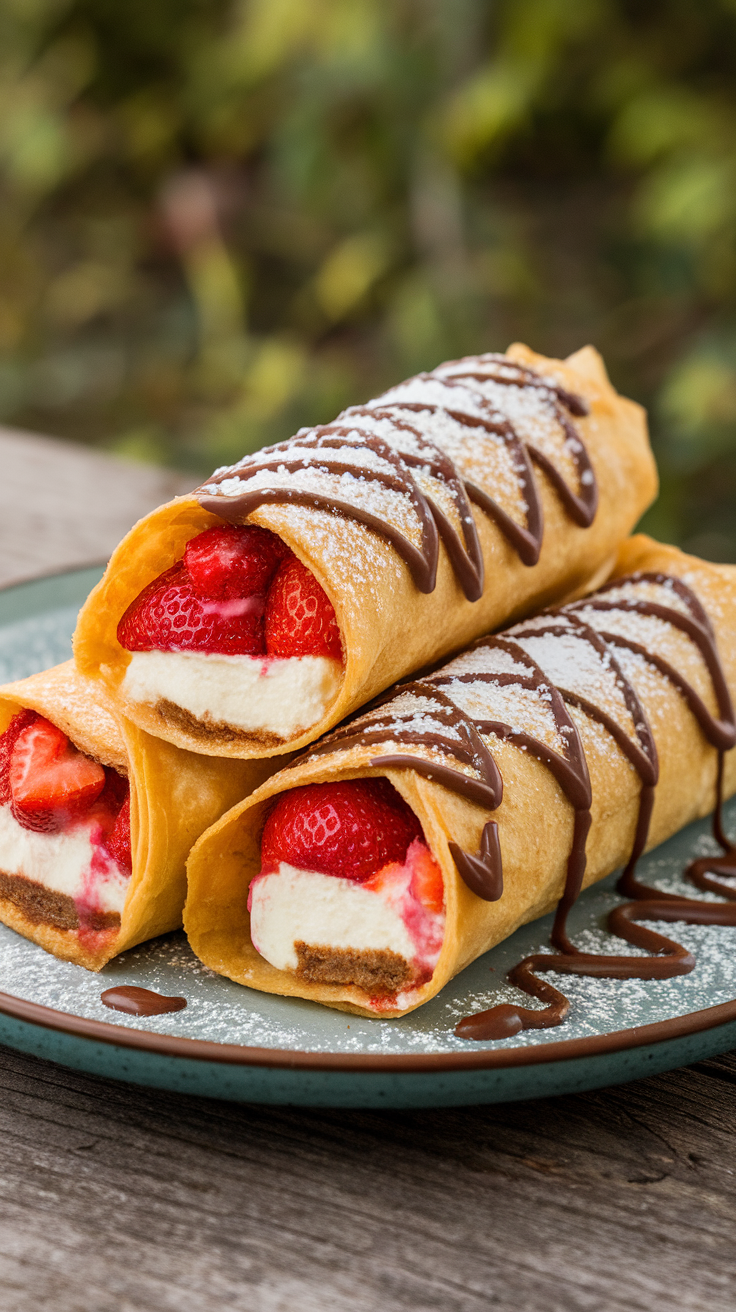 Three Air Fryer Strawberry Cheesecake Chimichangas drizzled with chocolate and dusted with powdered sugar