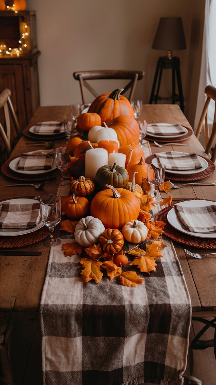 This dining table is set to celebrate the beauty of fall with a stunning centerpiece that captures the essence of the season. A classic plaid table runner in warm, earthy tones lays the foundation, while a cascade of pumpkins in various sizes and colors—orange, white, and green—spills across the middle of the table. Interspersed among the pumpkins are white and orange candles, adding a cozy glow to the scene. The finishing touch is the scattering of autumn leaves, bringing a natural element that ties the whole look together. Paired with checkered napkins and simple table settings, this dining area is ready for a perfect fall gathering!