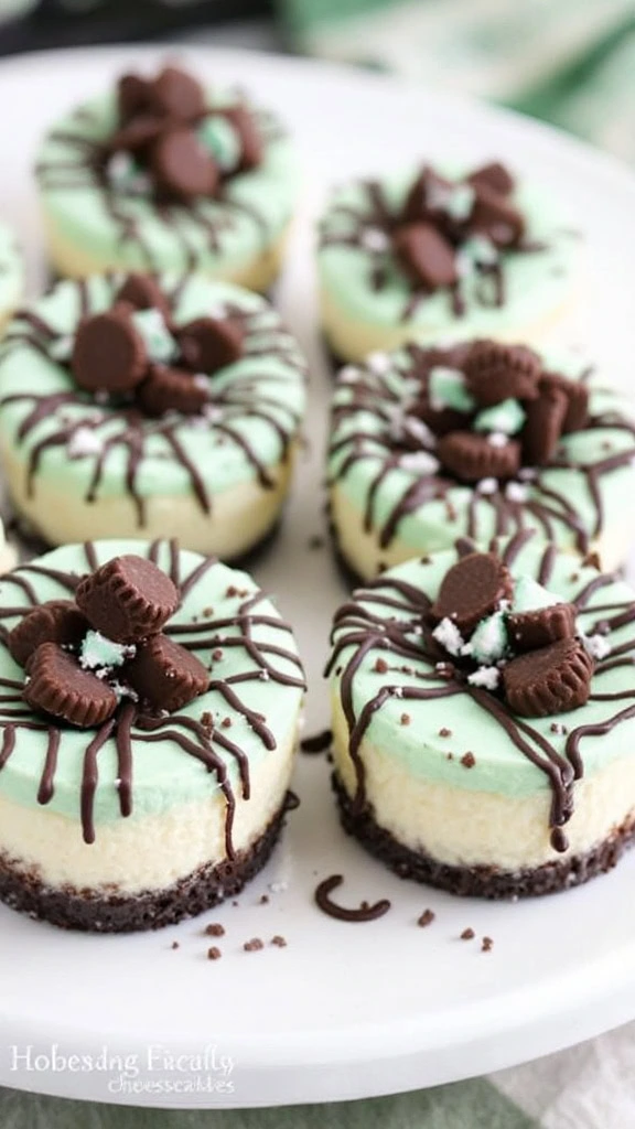 A close-up of Andes Mint Mini Cheesecakes with chocolate drizzle and mint toppings.