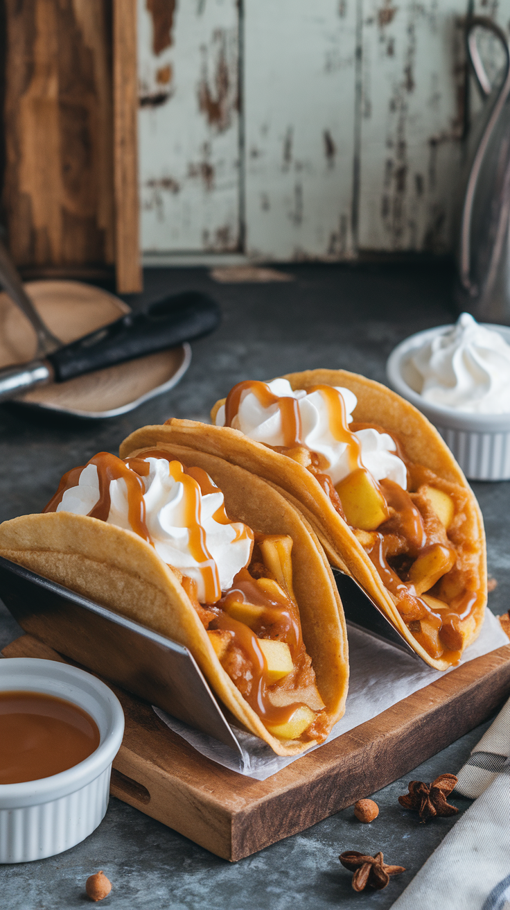 Delicious apple pie tacos topped with whipped cream and caramel sauce on a wooden board