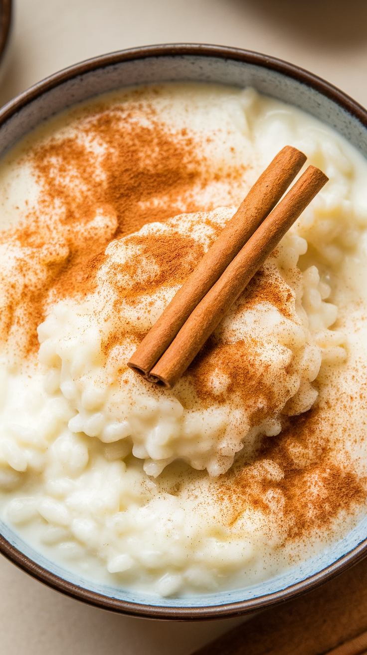 A bowl of arroz con leche topped with cinnamon and cinnamon sticks