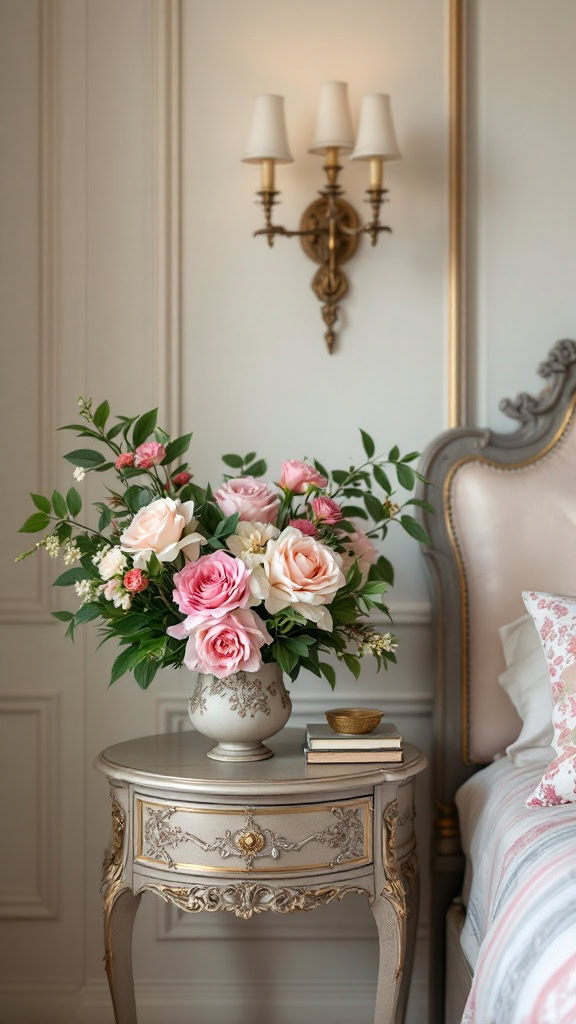 A bouquet of fresh flowers or elegant silk arrangements can tie together your Rococo theme. Bonus points for using ornate vases with gold or floral designs.