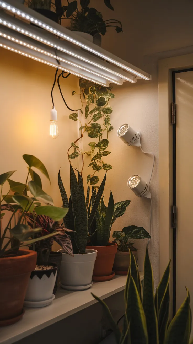 If your living room doesn’t get enough natural light, consider using artificial light to keep your plants happy. LED grow lights are a great option since they provide the right spectrum for plant growth without overheating. Another easy fix is to add decorative bulbs that not only brighten up the space but also create a cozy vibe.