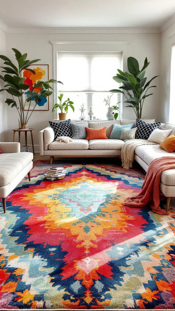 A vibrant area rug can tie the entire room together. It adds warmth and personality while serving as a visual centerpiece. Opt for bold colors or artistic patterns to make your living room pop.