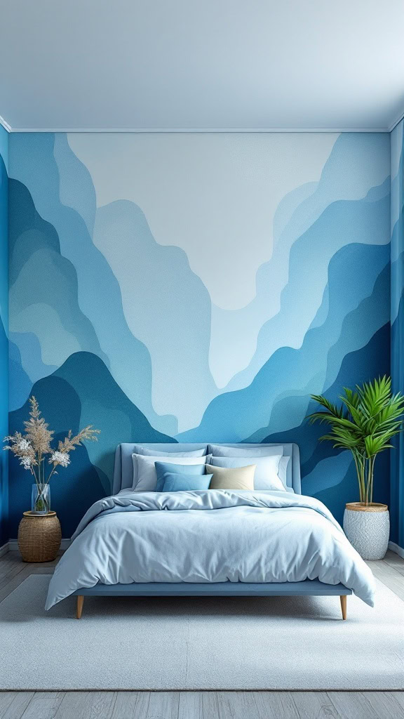 A serene blue-themed guest bedroom featuring an artistic wall mural.