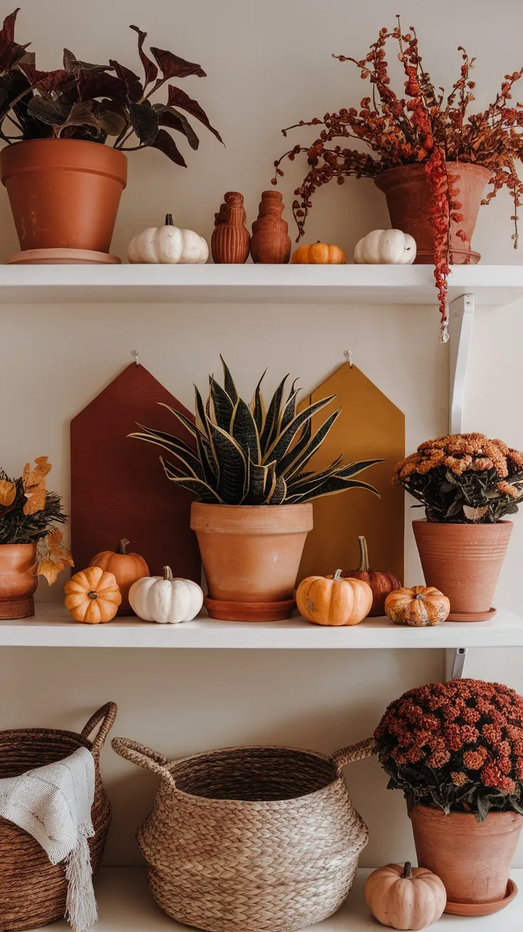 As the leaves change, it's time to cozy up your living room plant shelf. Add small pumpkins and warm-colored pots to create a seasonal vibe that feels inviting. A few dried leaves sprinkled around your plants can really bring that autumn warmth indoors!