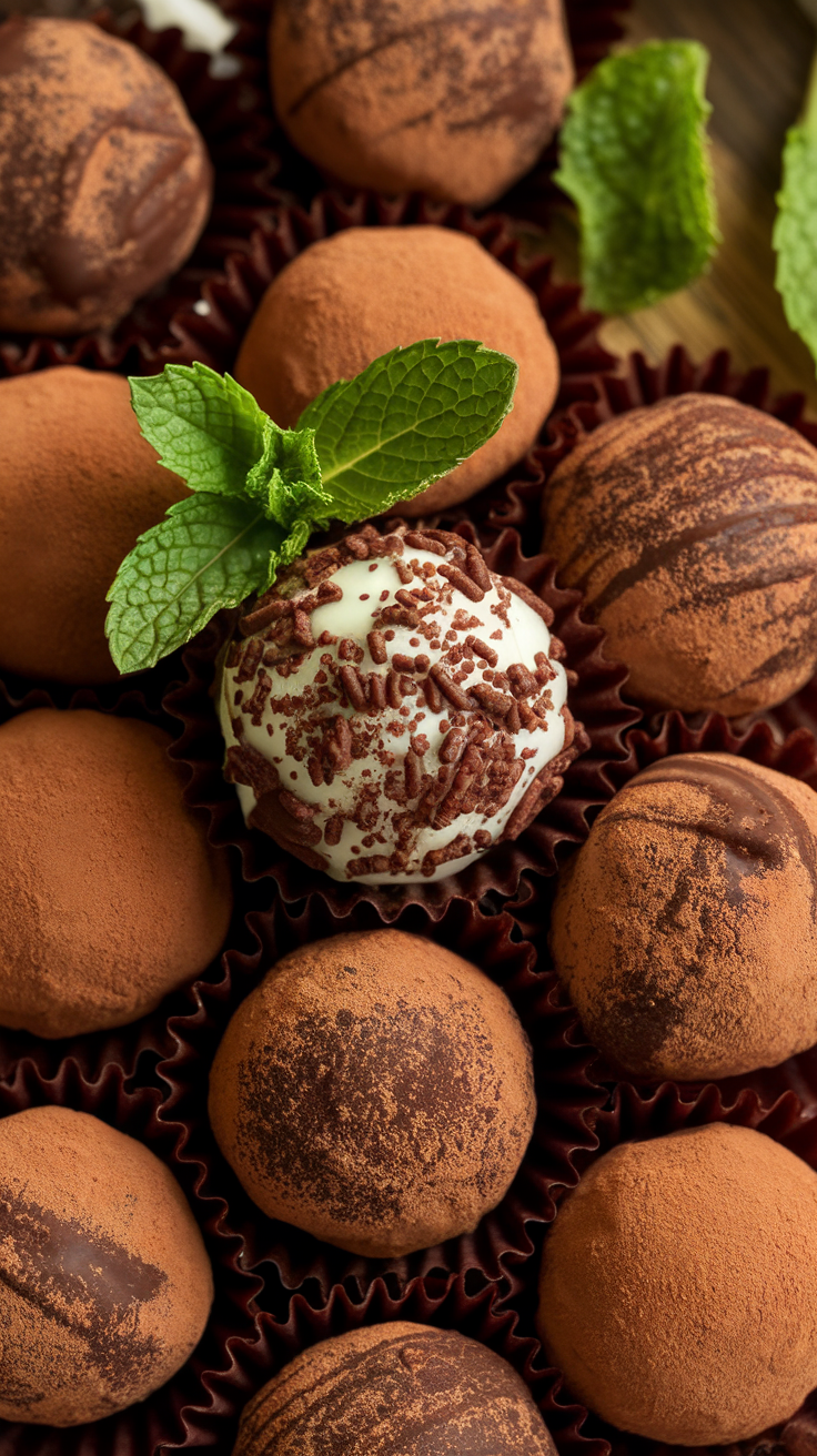 A bowl of Baileys mint chocolate truffles with a wooden sign in the background.