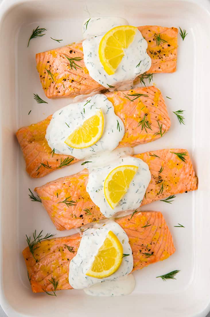 Baked Lemon Salmon with Creamy Dill Sauce