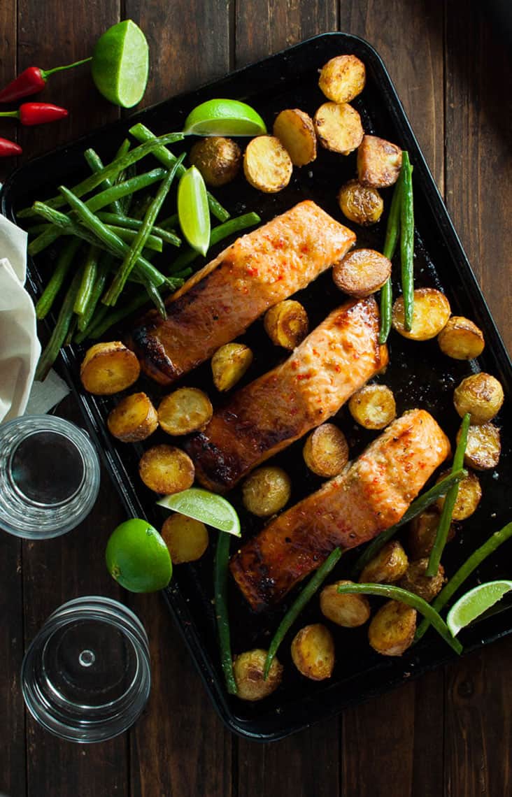 Oven Baked Honey Chili Lime Salmon with Potatoes and Beans (One Tray Meal)
