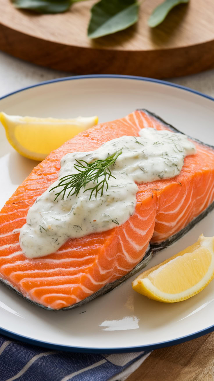 Baked salmon with dill sauce is a quick and tasty dinner option. The fresh flavors of dill and lemon bring out the best in the salmon. It’s healthy, simple to prepare, and perfect for busy weeknights!