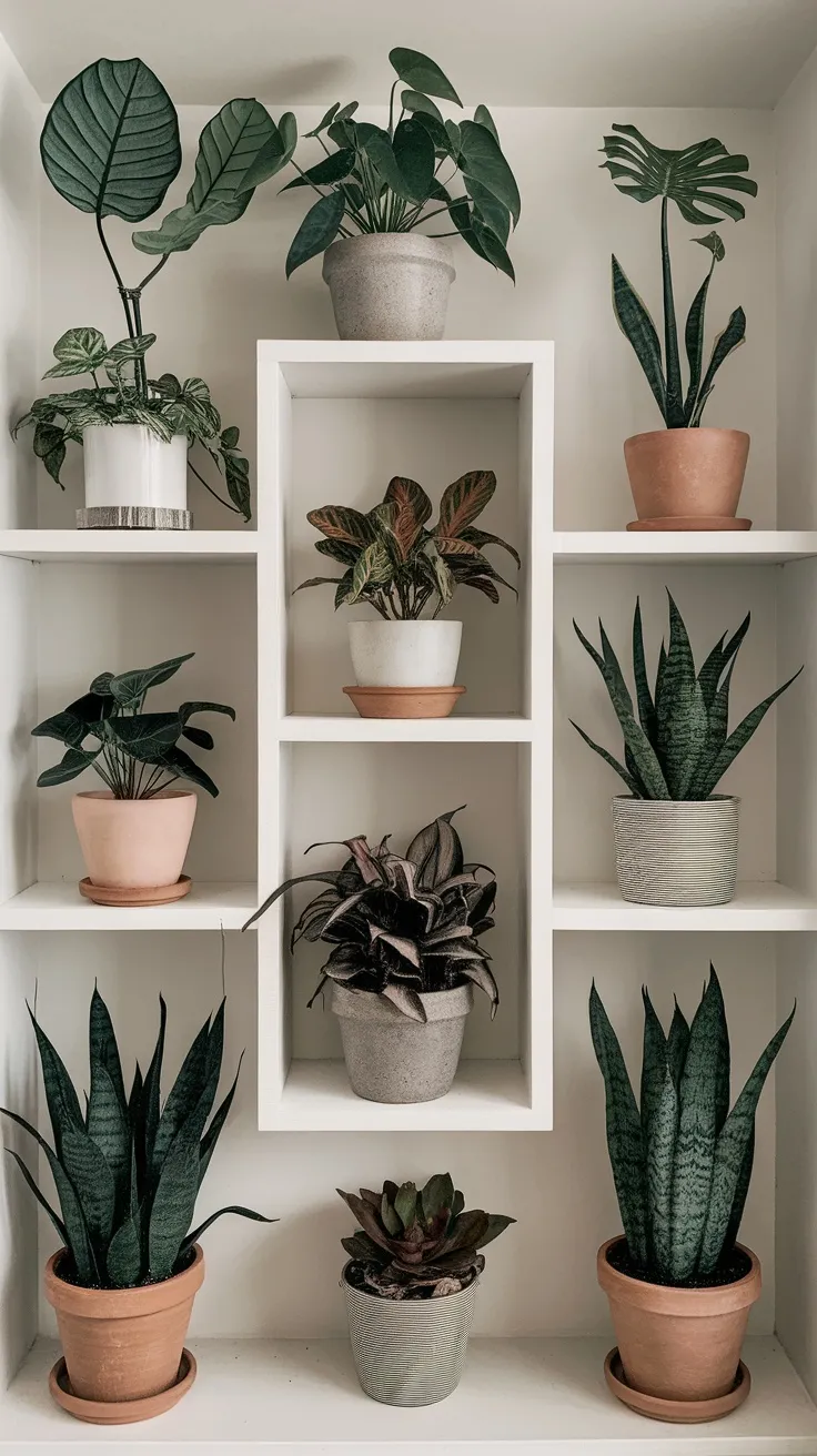 Creating balance on your plant shelves is key to a pleasing look. Mix different plant sizes and shapes, placing taller plants at the back and shorter ones in front. Don’t forget to vary the pot colors and textures to keep things interesting!