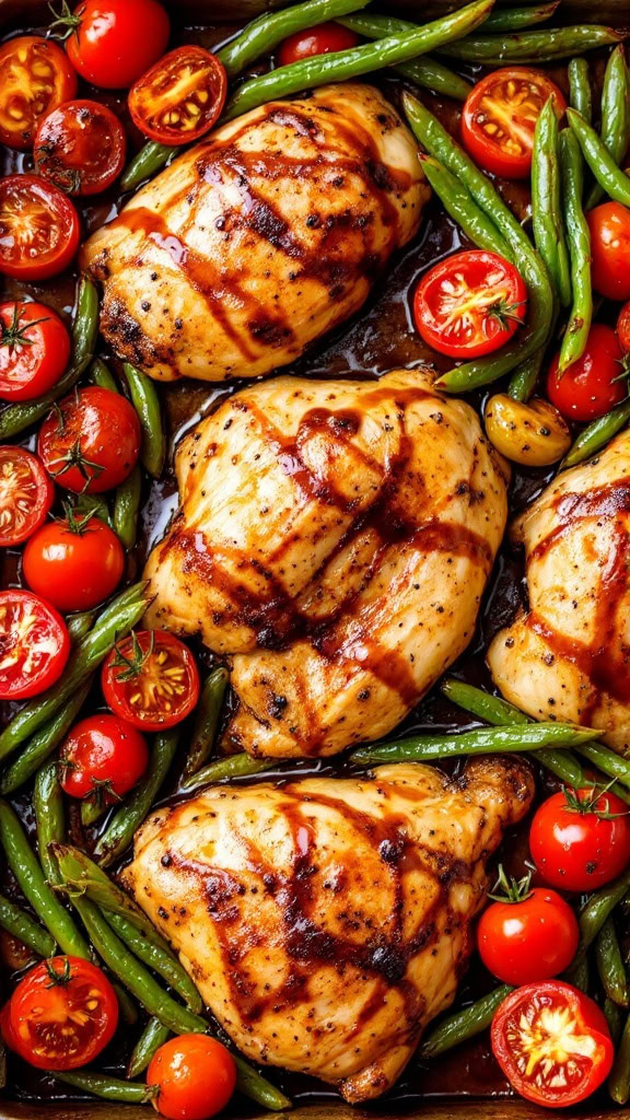 This balsamic chicken dish is a game changer for busy weeknights. Juicy chicken pairs perfectly with sweet cherry tomatoes and crisp green beans for a fresh, colorful meal. Plus, cleanup is a breeze since everything cooks on one pan!