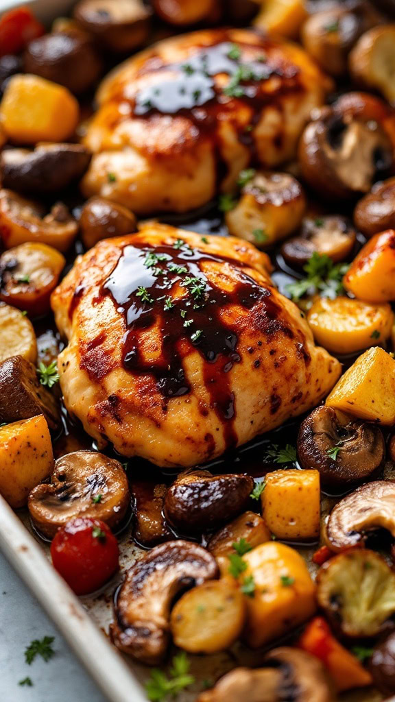 Balsamic glazed chicken thighs with mushrooms and vegetables on a sheet pan.