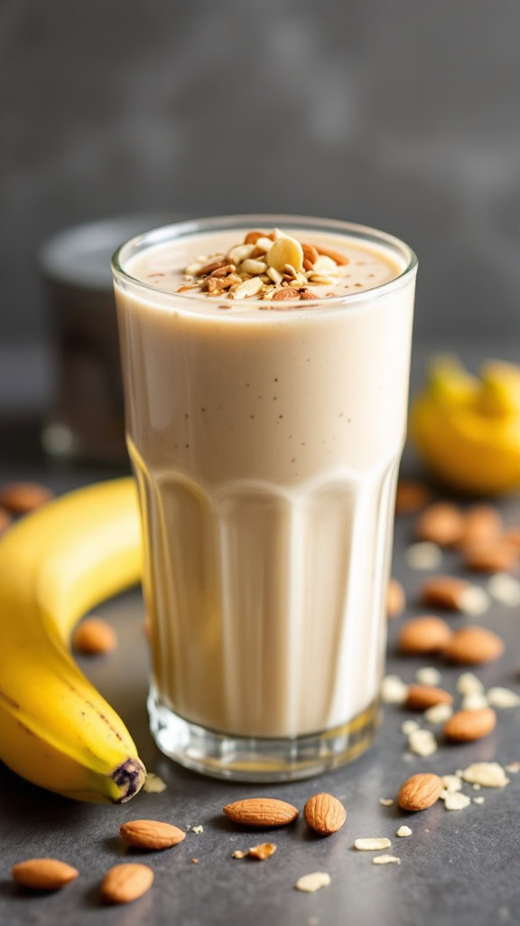 A tall glass of banana almond butter smoothie topped with chopped nuts, with bananas and almonds scattered around.