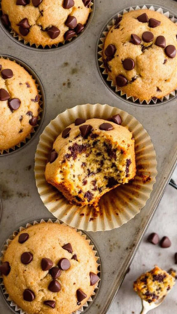 Freshly baked banana chocolate chip muffins in a muffin tin