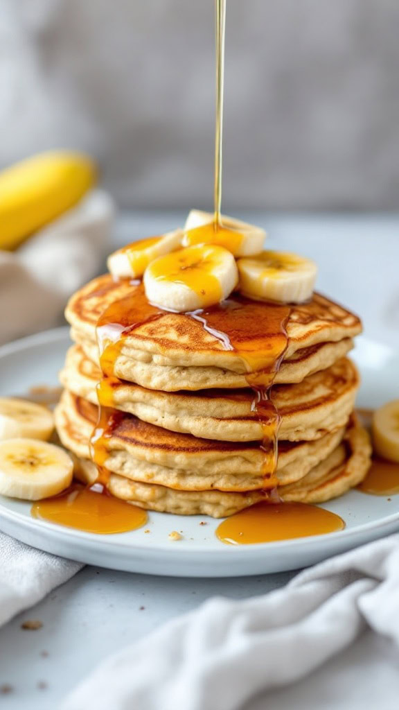 A stack of banana oatmeal pancakes drizzled with syrup and topped with banana slices.