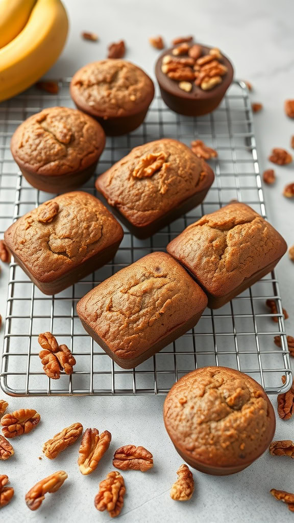 These banana walnut mini loafs are a tasty way to use up ripe bananas. They are moist, flavorful, and packed with crunchy walnuts that add a nice texture. Perfect for a bake sale, these little treats will surely be a hit!