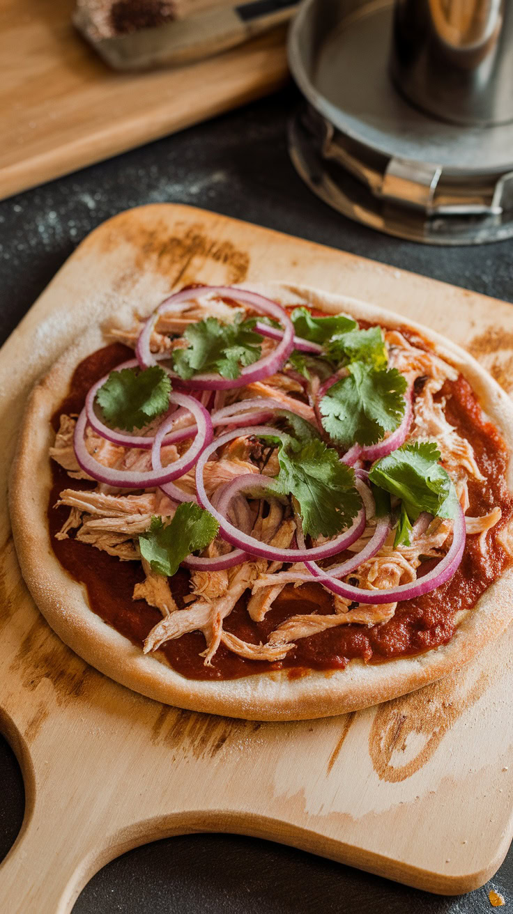 A pizza topped with shredded chicken, barbecue sauce, red onion slices, and fresh cilantro on a wooden pizza peel.