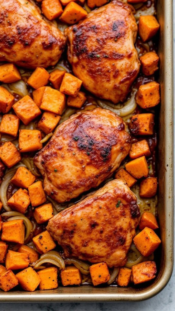 Sheet pan BBQ chicken thighs with sweet potatoes and onions.