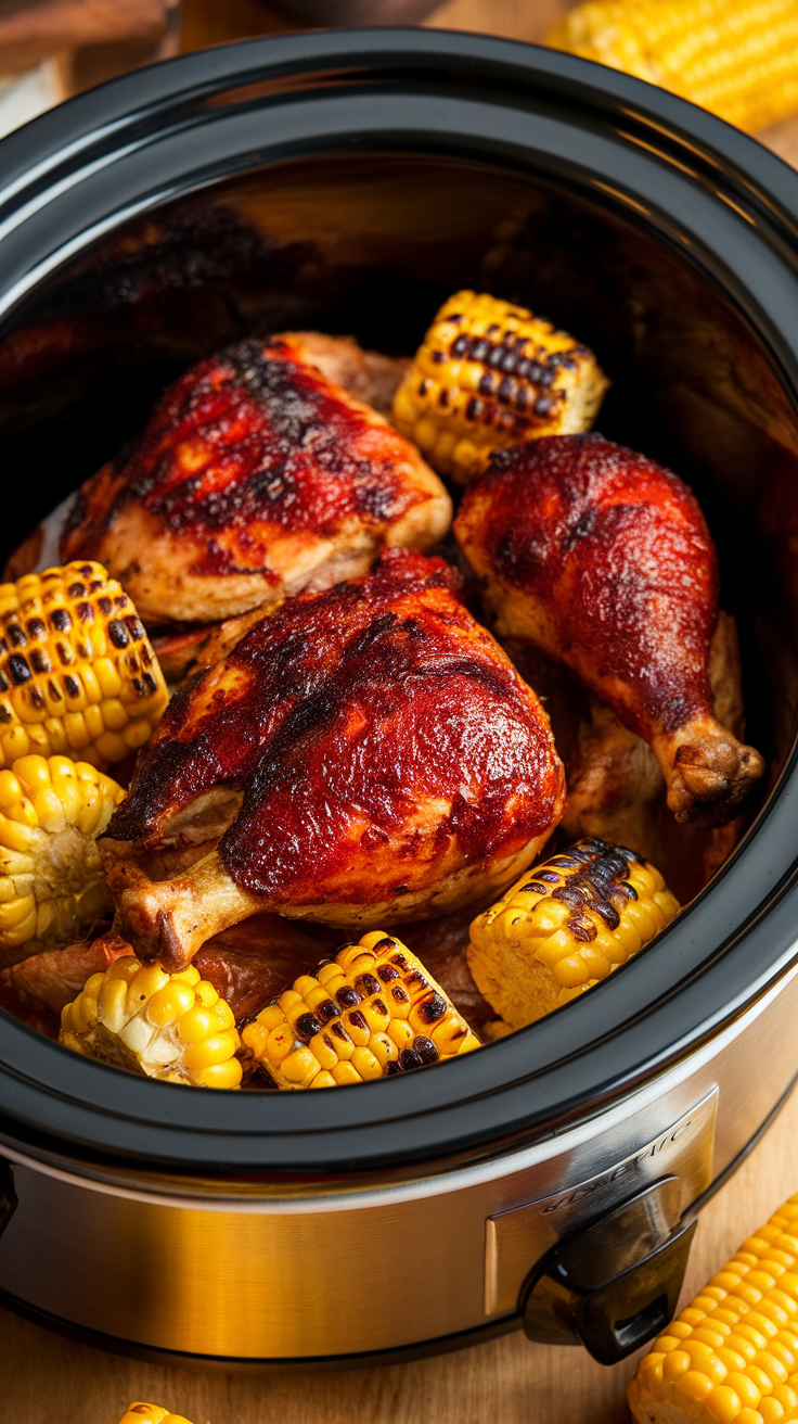 This BBQ chicken with corn is a total crowd-pleaser. Toss the chicken in your favorite BBQ sauce and let the crockpot do the work while you kick back. Serve it up with sweet corn for a fun and easy meal!