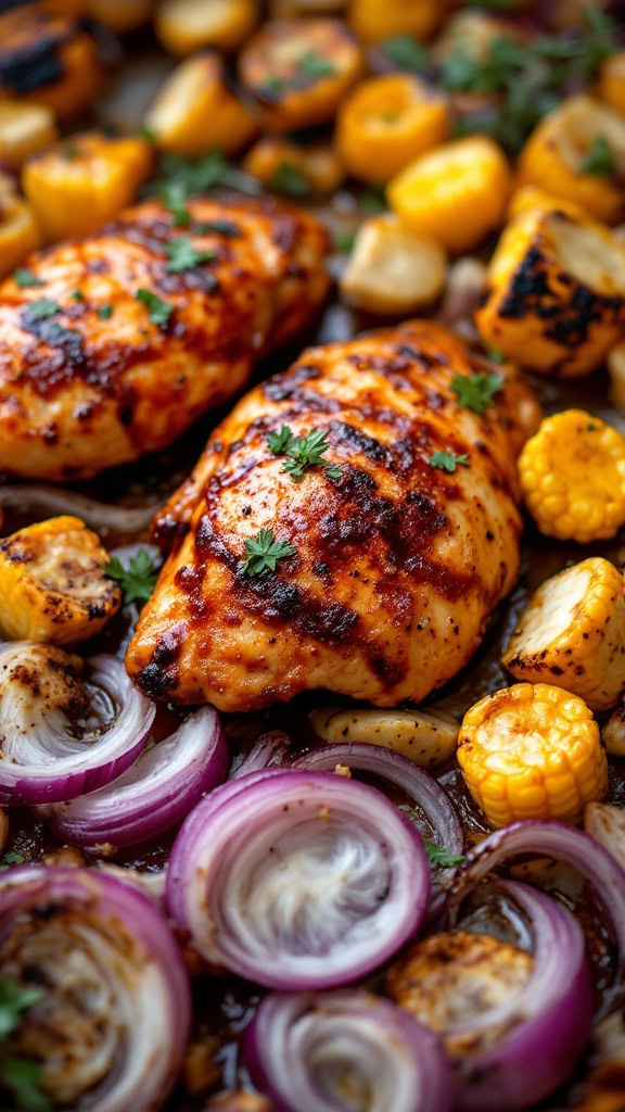 This BBQ chicken with corn and red onions is a hit for busy weeknights. Toss everything on a sheet pan, let the oven do the work, and enjoy a tasty meal with minimal cleanup. The smoky flavor of the chicken pairs perfectly with the sweetness of the corn and the zing of the onions!