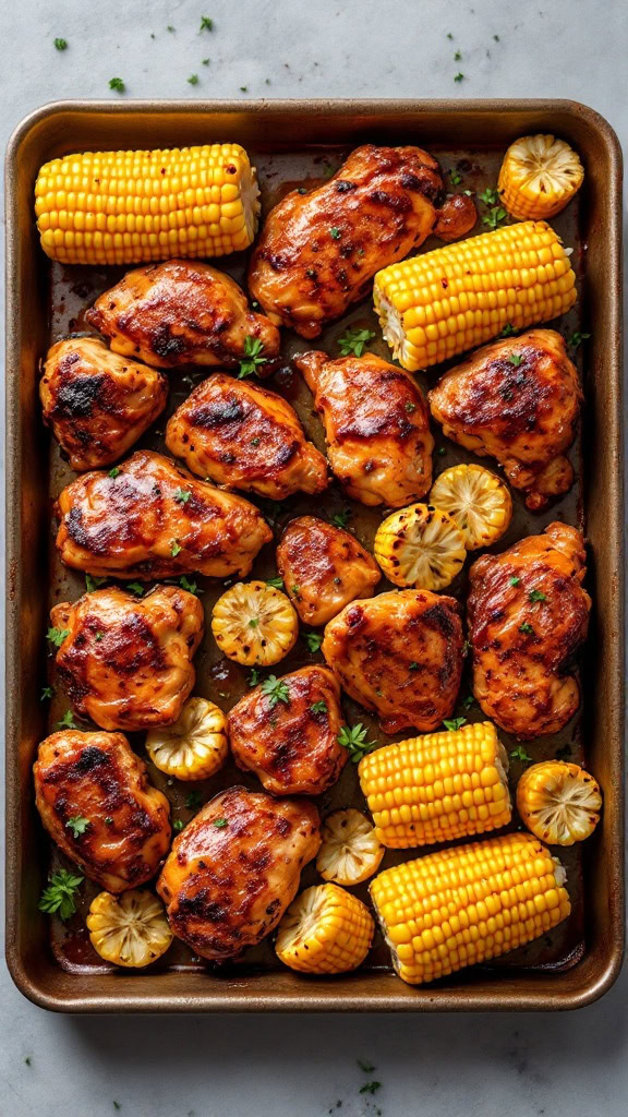 This BBQ chicken sheet pan dinner is a winner for busy weeknights. The juicy chicken thighs roast perfectly alongside sweet corn on the cob, making cleanup a breeze. Toss it all together with your favorite BBQ sauce for a meal that’s full of flavor and fun!