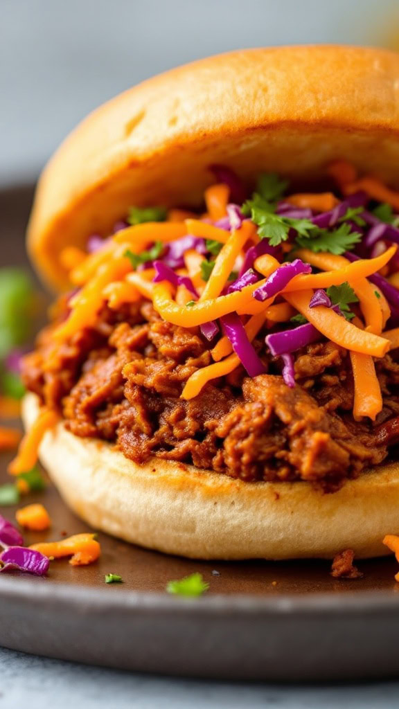 This BBQ jackfruit sandwich is a tasty treat that everyone will love. Topped with colorful vegan coleslaw, it’s perfect for a casual meal or a summer cookout.