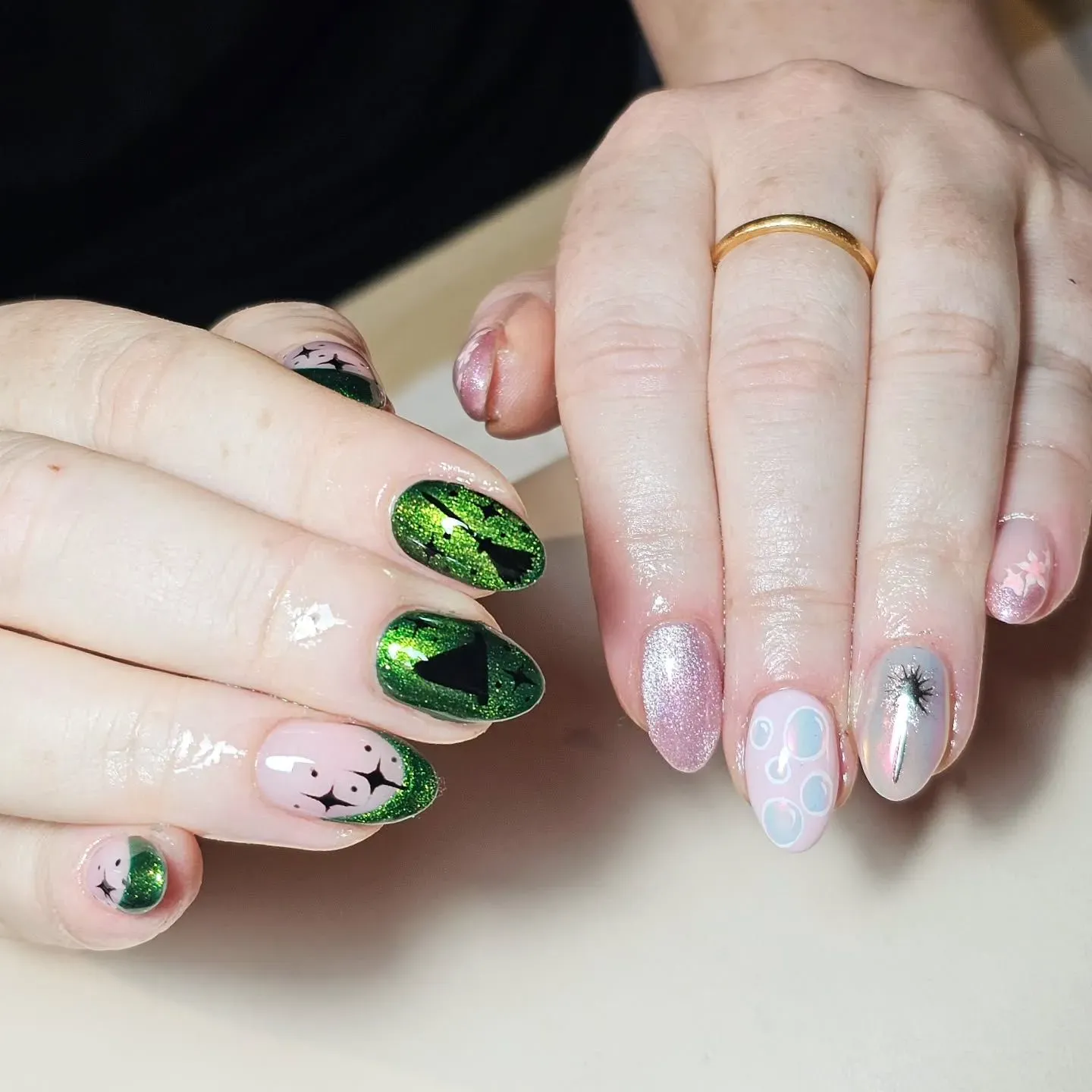 Shimmering green foil and soft pink sparkle come together in this half-and-half Wicked look — perfect for fans who love both witches equally.