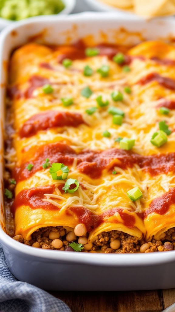 These beef and bean enchiladas are a crowd-pleaser that everyone will love. Packed with savory meat and creamy beans, they’re topped with rich sauce and melted cheese. You can whip them up for a family dinner or a fun gathering with friends