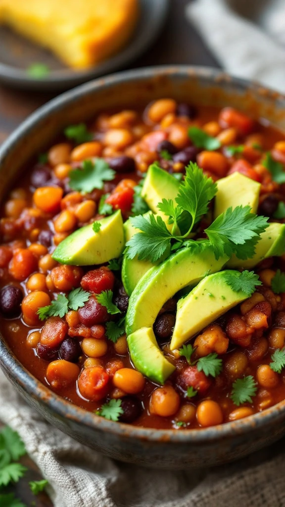 This vegan chili is a game changer for your dinner table. Packed with beans, veggies, and topped with creamy avocado, it’s a hearty delight that everyone will love. 